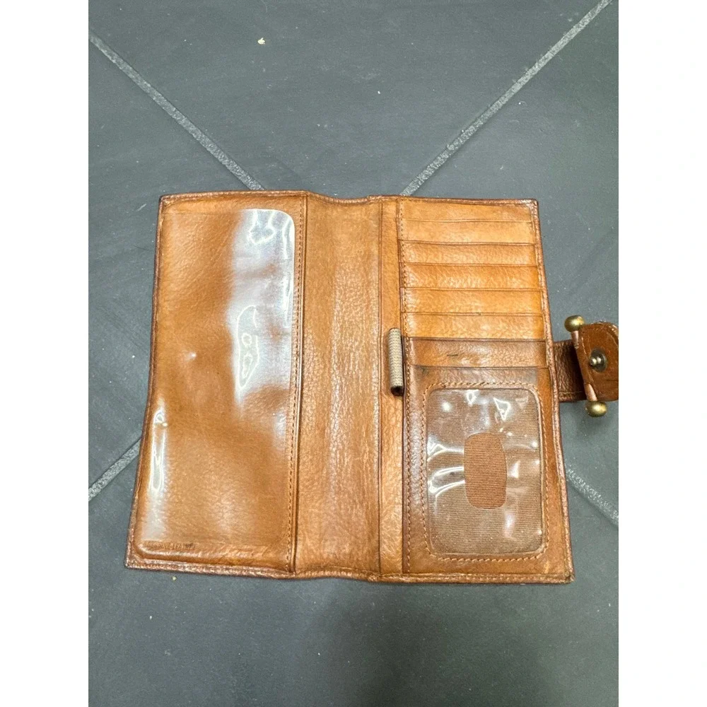 Fossil Vintage Weathered Worn Leather Bifold Clutch Wallet Cognac Brass Hardware